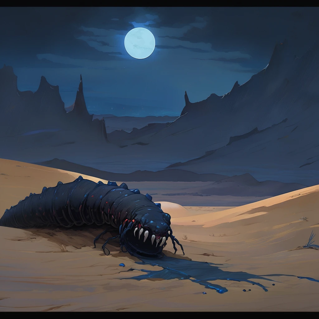 Old West, dark Desert, dark horizon, deep Night , from far, Oil paint,(only dark blue and black color palette), Giant glass shards in sand, spiky glass structures, massive giant worm crawling in the dunes, dark blue sand dunes, dark dune, worm, darkness, Scary, moon, Too dark, dimly lit, pitch, corpse, dark night, no light, Dark sky, black sky, dark night, deep darkness, colossal worm