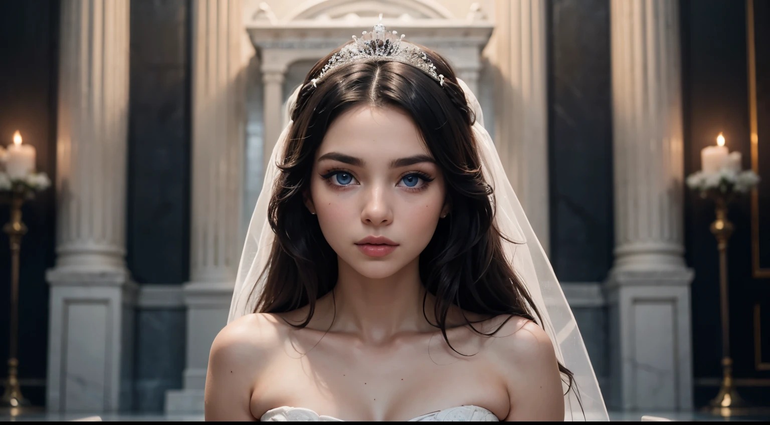 35mm film, solo, makeup, ((blue eyes)), looking at viewer, upper body, epiCPhoto, focus on face, ((wedding dress)) close to viewer, intricate lines, ((throne room)), sharp magnificent details, delicate features, elaborate details, beautiful girl, black hair, (((long hair))) 1girl, eighteen year old woman ((upper body)) (Acne), ((natural lighting))