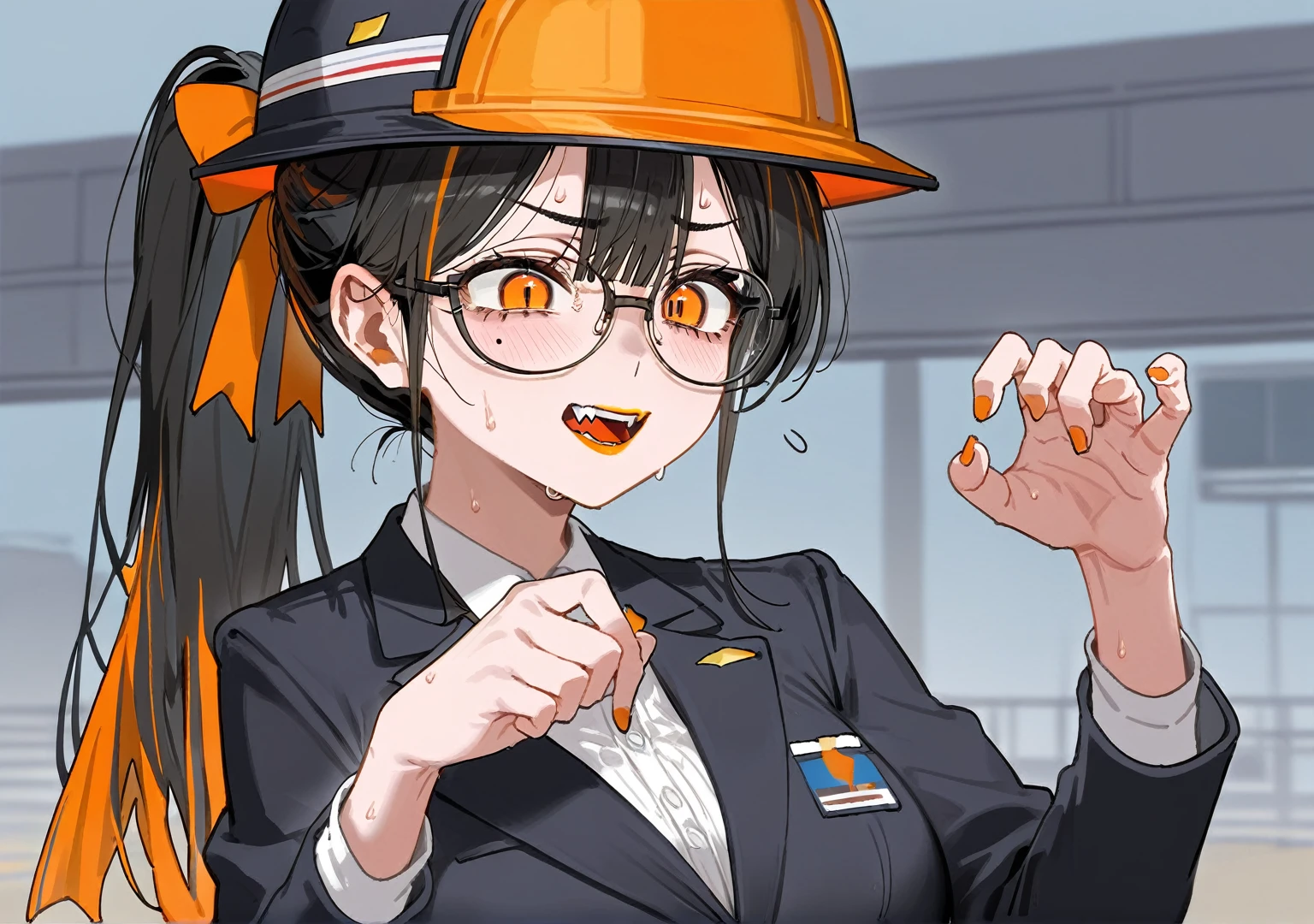 masterpiece, best quality, score_9,1older woman,orange lipstick,secretary outfit,siren glasses,mole,ponytail,orange and black hair,black hair,orange streaks,fangs,1woman,high quality,detailed,construction hat,worried face,worried smirk,sweat,sorry pose,prayer hands,sorry,