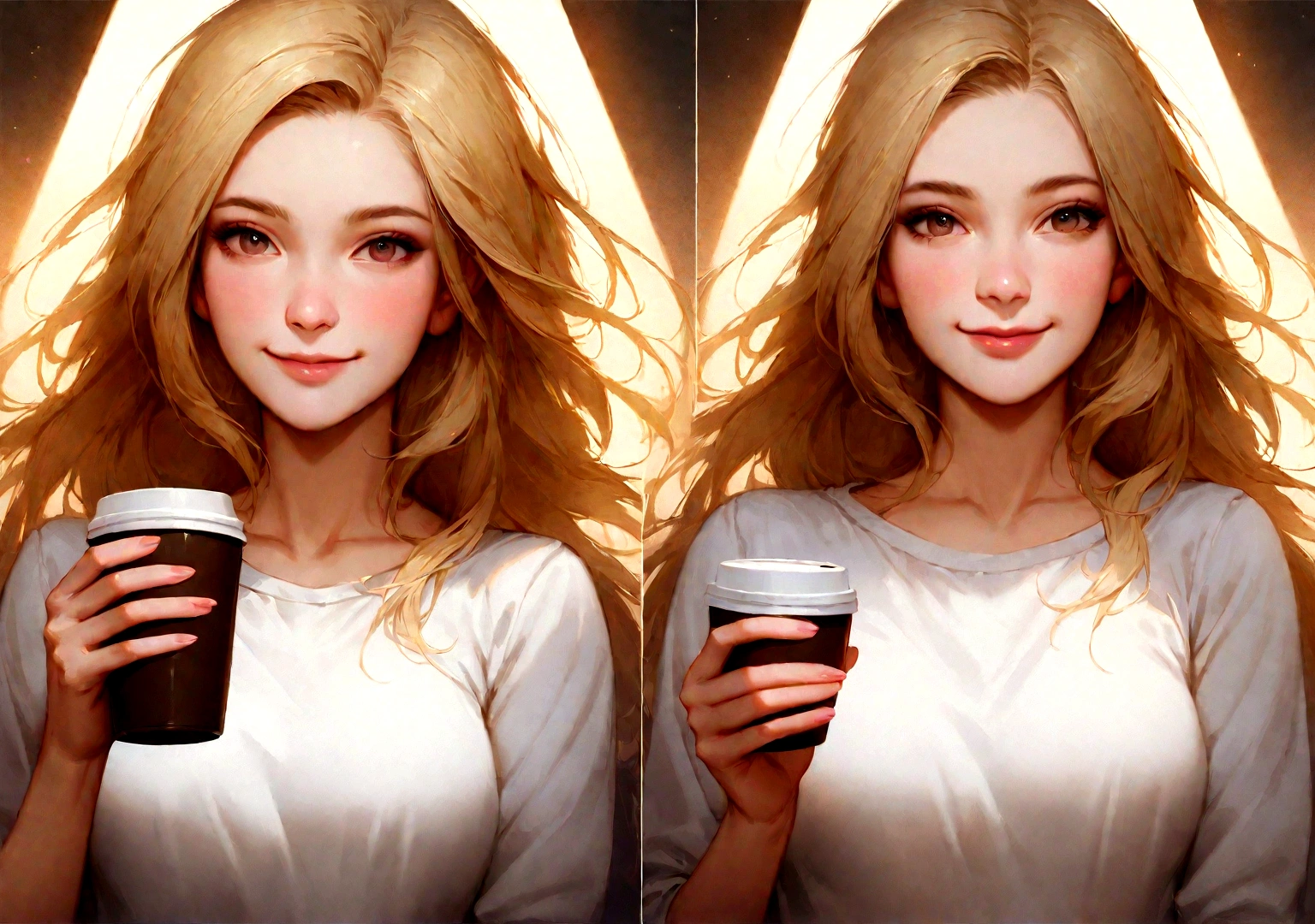 プロby全身写真, (4K Photos:1.1) by (Jeremy Lipking:0.3), (Anna Dittmann:0.3), (Ariane Mark:0.3), (Sharp focus:1.3), High detail, Holding a coffee cup and smiling, Blonde, Russia, Instagram model poses, have confidence, Healthy girl, Skinny girl, Medium chest:1.2, Perfect Anatomy, Perfect symmetry:1.2, Realistic, Realistic face:1.2, Perfect Face, Happy, have confidence, Very detailed, creates a dramatic, Cinema Lighting, Bright Scene, Soft Light, Instagram Stories, 9-16, White sweatshirt.