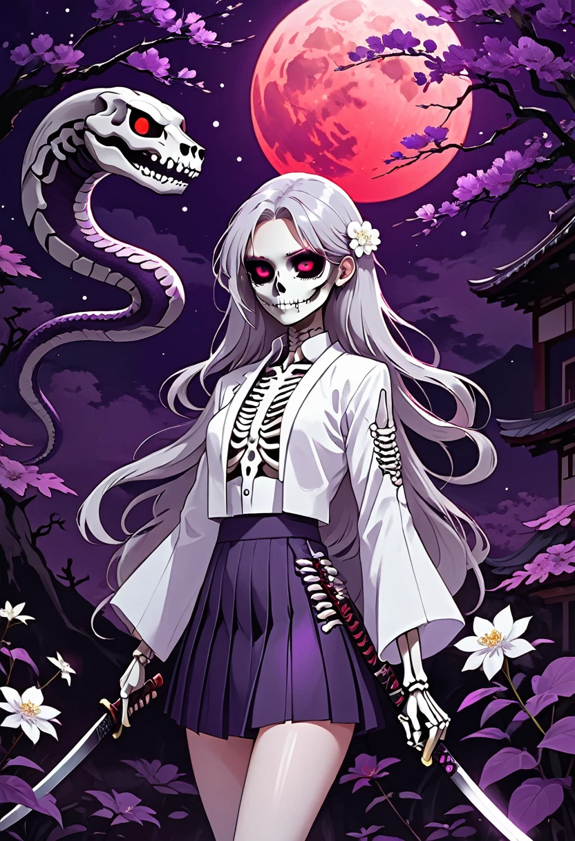 Flat style,Japanese anime style,1 Girl,Silver long hair,White flowers on eyes,Pleated skirt short suit,Katana in hand,Elegant Posture、Red Moon、Dark purple tones,Mysterious and elegant atmosphere,(((Fluorescent purple snake skeleton)))