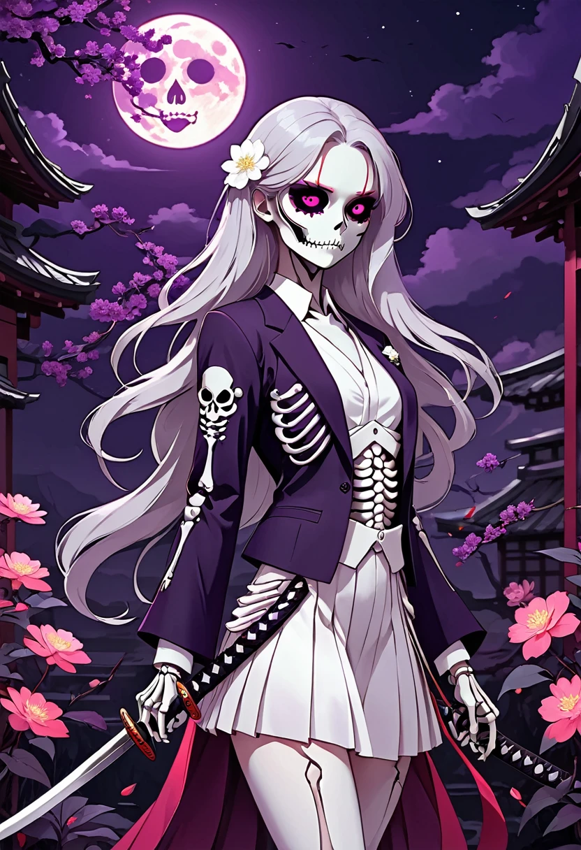 Flat style,Japanese anime style,(((1 beautiful girl,Silver long hair,White flower eye mask on eyes,Black pleated skirt suit))),Katana in hand,Elegant dynamic pose,Dynamic Blur,Red Moon,Dark purple tones,Mysterious and elegant atmosphere,(((Purple fluorescent python snake skeleton background)))