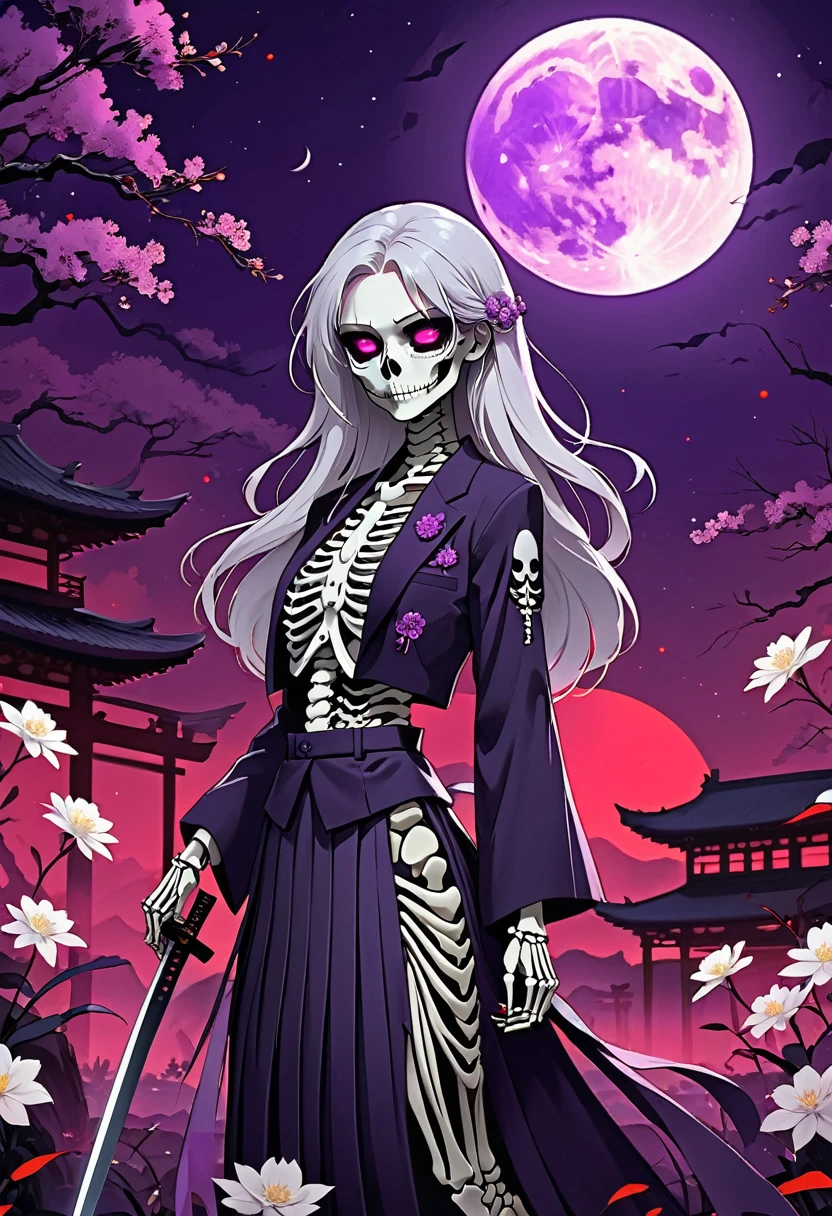 Flat style,Japanese anime style,1 Girl,Silver long hair,White flowers on eyes,Pleated skirt short suit,Katana in hand,Elegant Posture、Red Moon、Dark purple tones,Mysterious and elegant atmosphere,(((Fluorescent purple snake skeleton)))