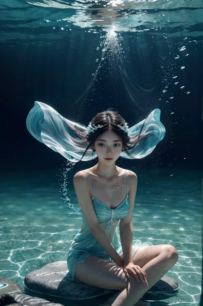 (((Face focus))),Look at the charming image of an anime girl, Sit elegantly on a stone pedestal, Surrounded by mesmerizing water particles，Dance and spin in the air around her. Creative lighting style projection is soft, An ethereal light shone on her, Her serene presence is highlighted in the watery scene. Meticulous attention to detail，And depict ultra-realistic in stunning 10K high resolution, This artwork incorporates the artistic medium of digital painting, 3D modeling, Water simulation, and particle effects. Take inspiration from anime styles, Japan woodcut, and contemporary fantasy, It captures the captivating beauty of an anime girl immersed in an oasis of tranquility in water, Water particles add extra magic and charm.