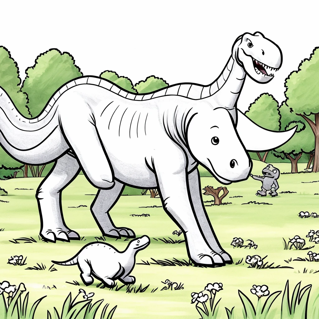 Drawling, simple drawling,dinosour,animated,white,no color,on a field,cartoon,for kids