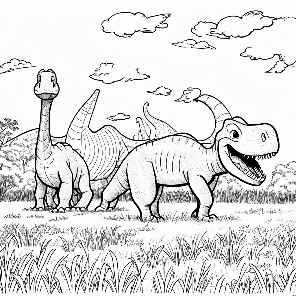 Drawling, simple drawling,dinosour,animated,white,no color,on a field,cartoon,for kids