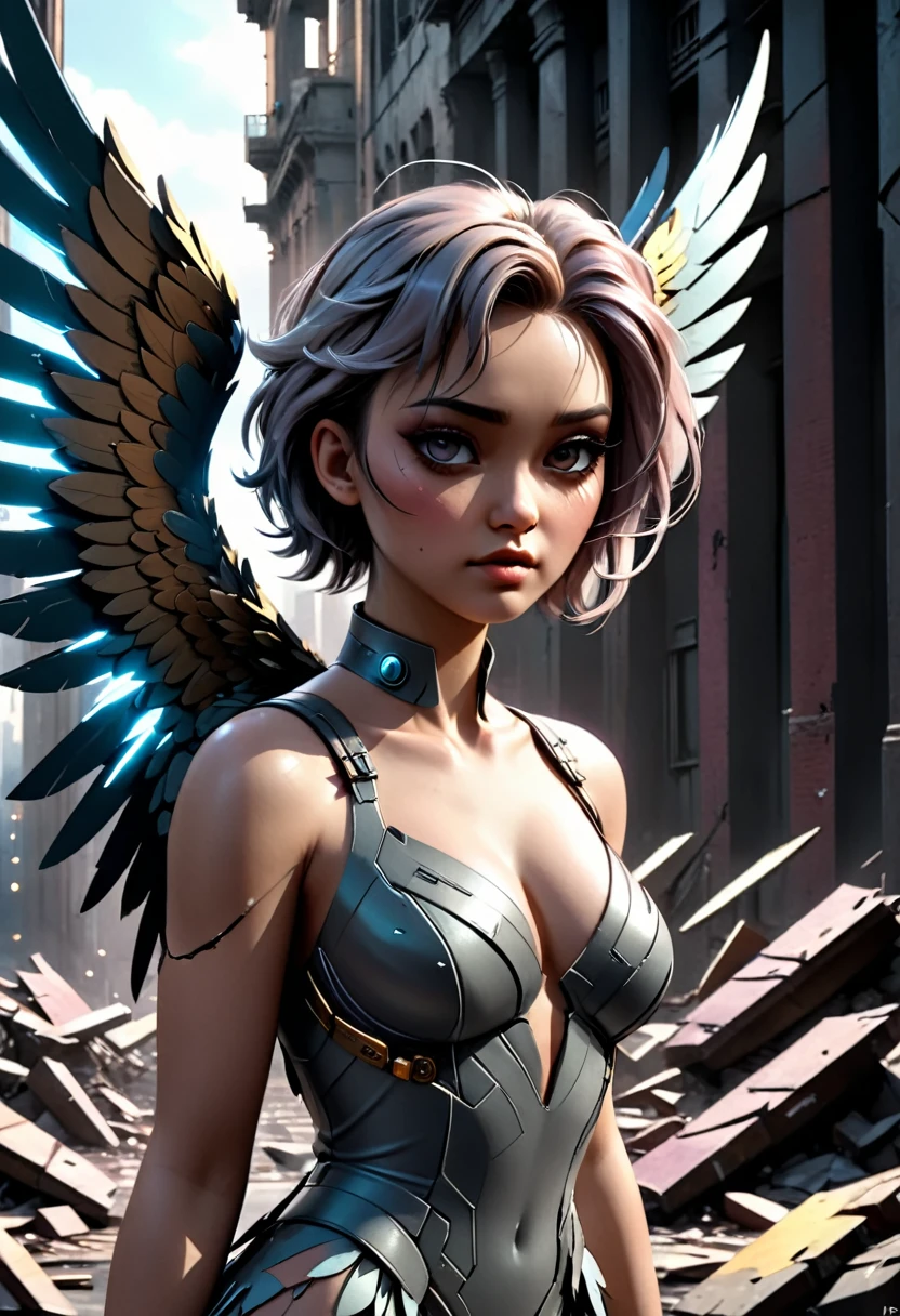 ruined city, beautiful busty cyberpunk angel woman, highly detailed, intricate, cinematic lighting, volumetric lighting, dramatic shadows, realistic skin, hyper detailed face, delicate facial features, elegant pose, flowing angelic dress, detailed feathered wings, gritty dystopian environment, debris and rubble, moody dark color palette, chiaroscuro lighting, photorealistic, 8K