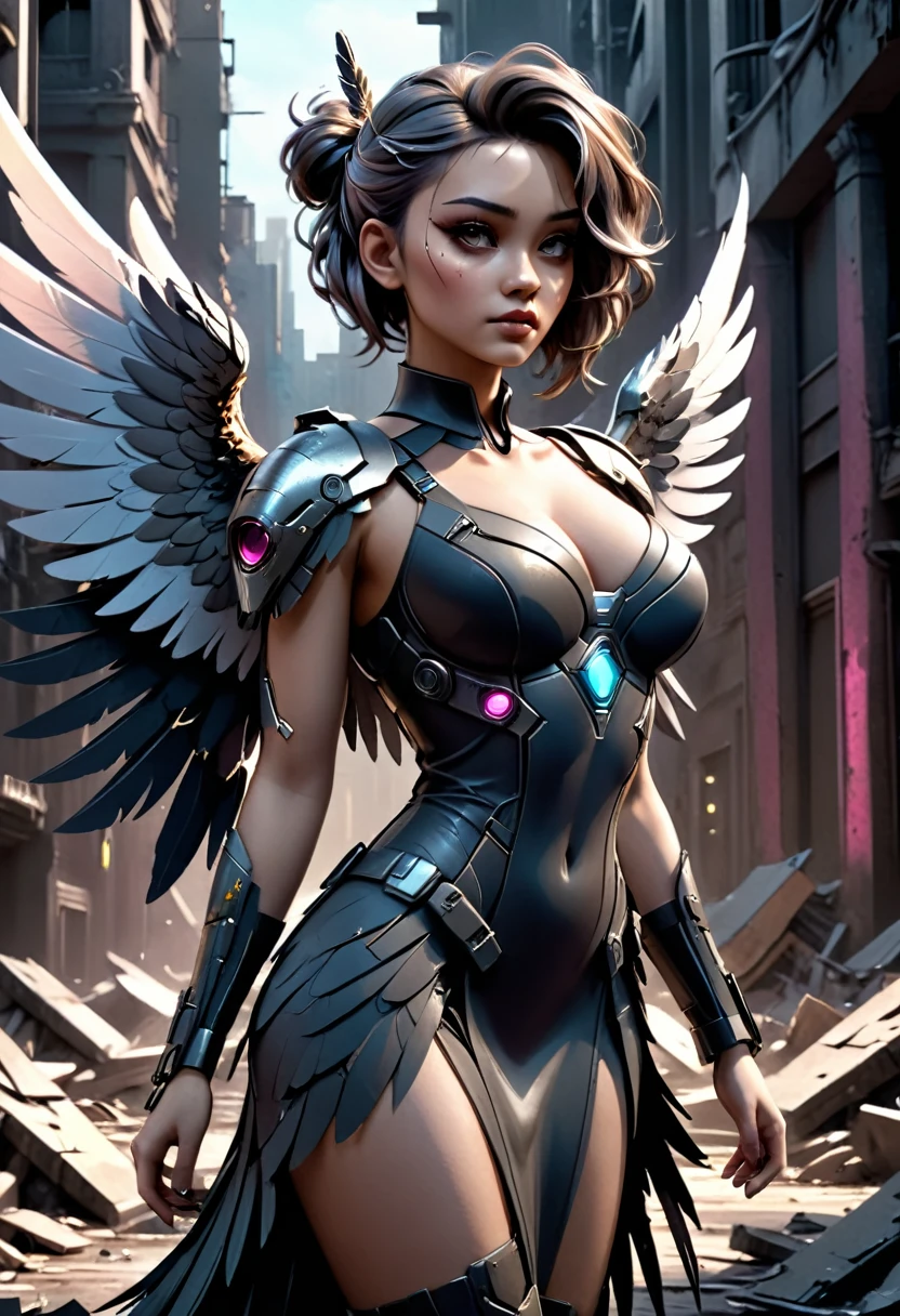 ruined city, beautiful busty cyberpunk angel woman, highly detailed, intricate, cinematic lighting, volumetric lighting, dramatic shadows, realistic skin, hyper detailed face, delicate facial features, elegant pose, flowing angelic dress, detailed feathered wings, gritty dystopian environment, debris and rubble, moody dark color palette, chiaroscuro lighting, photorealistic, 8K