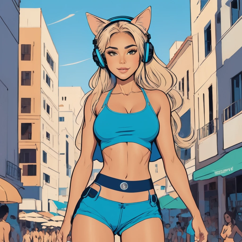 Beautiful latin american woman with tanned skin, freckles in her face, platinum blonde long hair, wearing a crop top, golden shirt above, minishorts, cat ears headphones, (1 Girl), (Full Body), Beautiful face, smiling, standing on a beach, (Sexy Pose), ((Perfect face)), ((hyper bronze skin)), ((tan skin)), natural light, beautiful lighting, beautiful colors, semi realistic style, ((Beautiful detailed eyes)), ((Beautifull detailed face)), ((high detail)), ((High Definition)), (Flat Colors), (Celshading), (Illustration style), ((Lineart)), ((Perfect Lines))