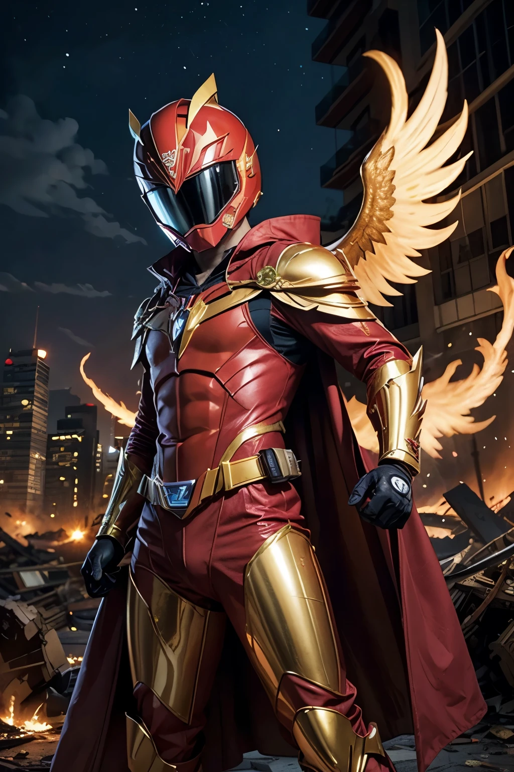 Super Sentai, Phoenix Logo in Helmet, With Red and Gold Suit, Golden Cape, making a Super Sentai Pose on a Destruction City