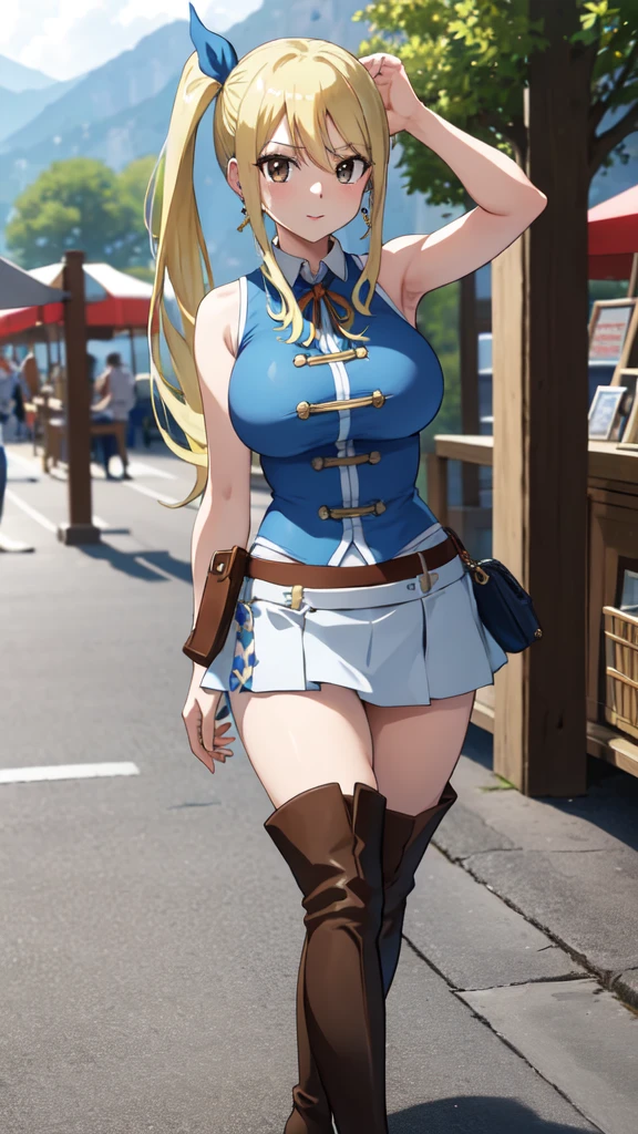 masterpiece, Highest quality, High resolution, Lucy Heartfilia, Blonde, Long Hair, Side Ponytail, Blue Ribbon, Large Breasts, Earrings, Thigh-high boots, Blue Shirt, Sleeveless shirt, White Skirt, town, Market stall, Outdoor, walking,  Cowboy Shot, Armpit