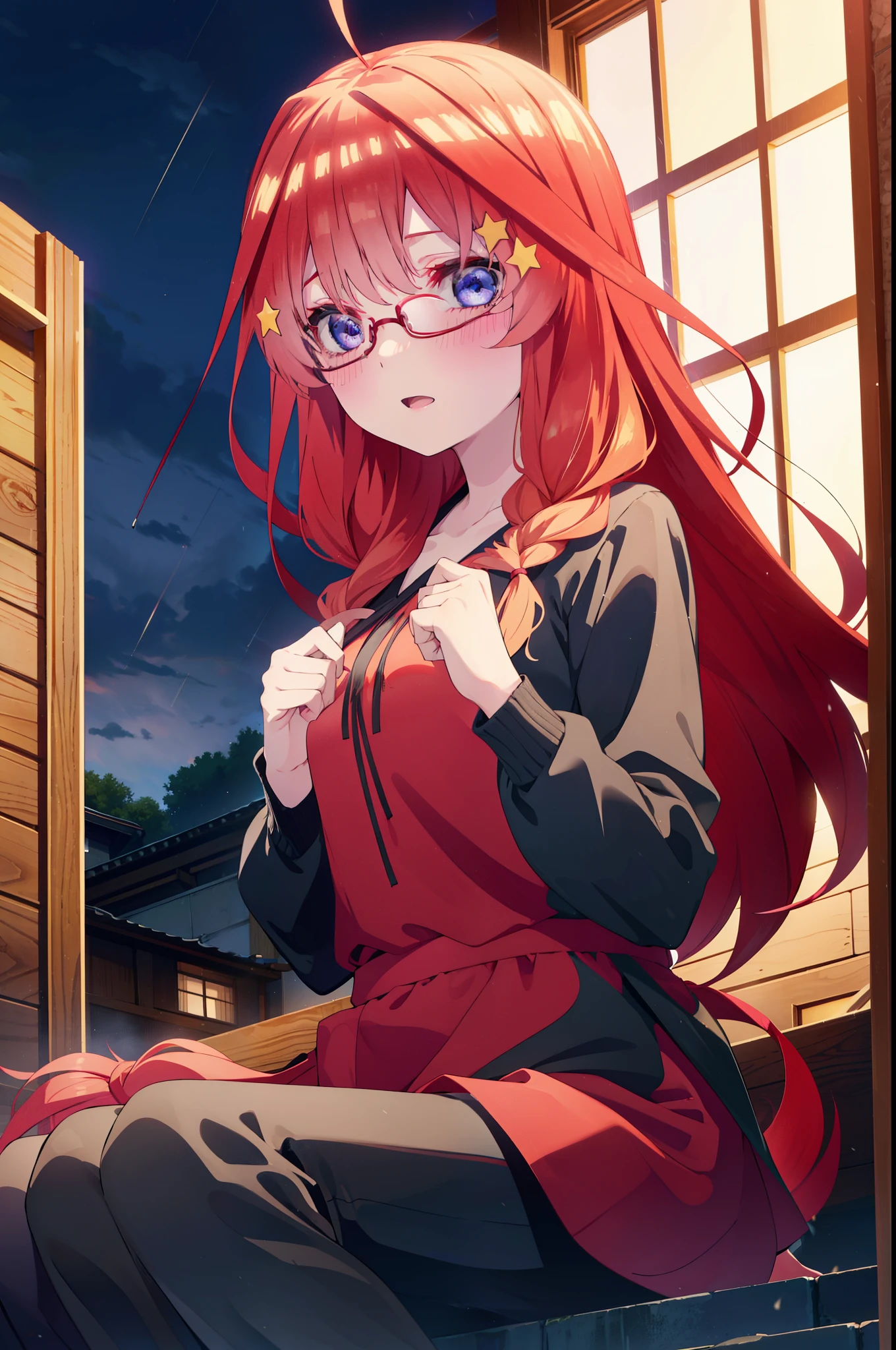 itsukinakano, itsuki nakano, bangs, blue eyes, Hair between the eyes, Ahoge, Redhead, star \(symbol\), hair ornaments, star hair ornaments,smile,blush,Open your mouth,Long braids,Red-rimmed glasses,Oversized red hoodie and long skirt,Black pantyhose,short boots,Hiding in a roofed building,Sitting on the steps of a roofed building,rain,night,whole bodyがイラストに入るように,
break indoors, Alley,
break looking at viewer, whole body,
break (masterpiece:1.2), Highest quality, High resolution, unity 8k wallpaper, (figure:0.8), (Beautiful attention to detail:1.6), Highly detailed face, Perfect lighting, Highly detailed CG, (Perfect hands, Perfect Anatomy),