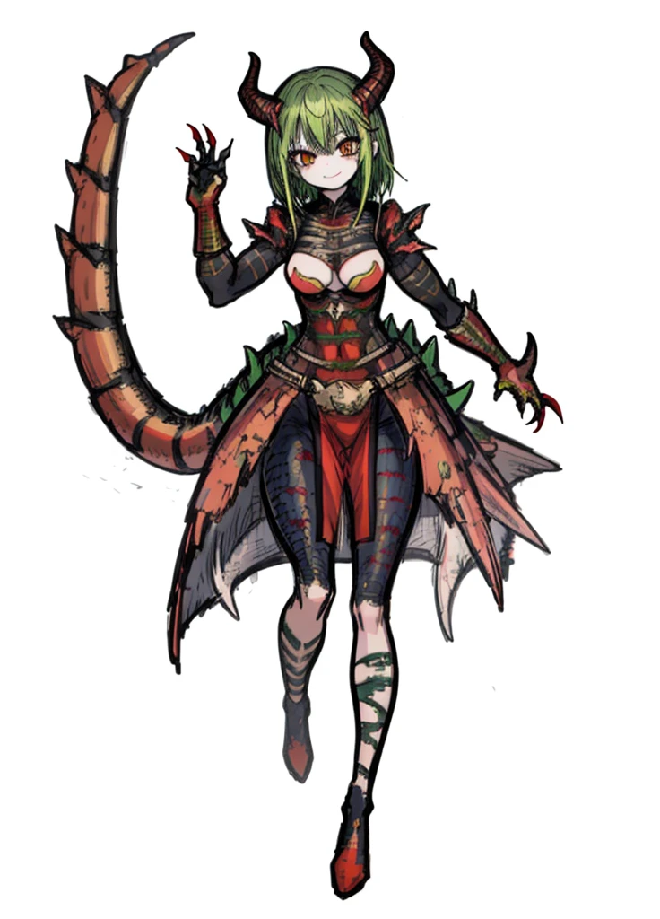 1girl ,yellow-green hair, red eyes,lady, dragon, dragon tail, full of scales, horns, claws, dragon wings , (masterpiece, best quality), muscular, sexy, happy, smile