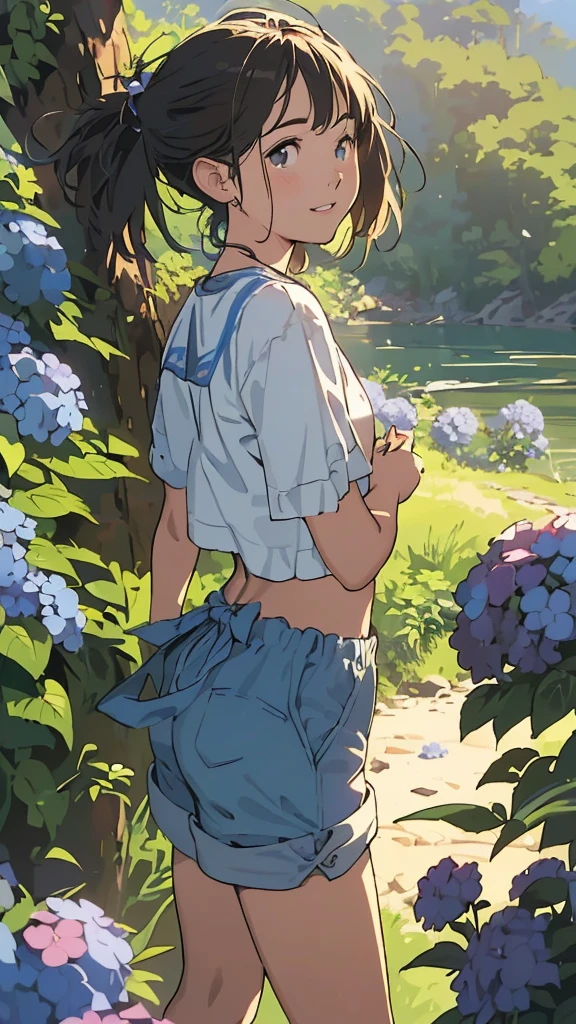 Affordable design, Clear lines, High Sharpness, (highest quality,4k,Perfect sharpness,Ultra fine,High resolution,masterpiece:1.2), Perfect Anatomy:1.5, Official Art, Illustrations that tell a story, (Whitish background:0. 9）、Body Positivity、Diverse physical expressions、(Random and mysterious poses)）、Perfect beauty、Perfect beautiful face、(Very strong wind)、A rich expression、Dynamic composition、Golden ratio composition、colorful、（(color々Different angles and perspectives)）、Anime drawings、（(Overcoming stereotypes)）、 Glowing Skin、（Natural beauty）、Bangs、Straight short Hair、（Soft and flowing short hair）、（countryside）、Outdoor、（(Nostalgic atmosphere)）、（(Playful and carefree)）、（diverse characters）、（(Graceful posture)）、（Sunny atmosphere）、（vivid color）、Shorts、Brown Hair、blue eyes、A light smile、 ((Emotional))、Bangs、Natural reaction、Summer outfit、(ponytail)、(６Life size)、countryside、((fetishism))、Show off your thighs、Strong winds、Energetic pose、Smiling among hydrangeas、Belly button、