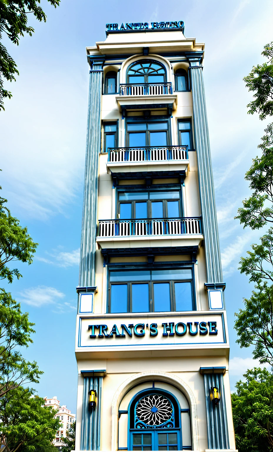 RAW photo,Exterior neo classic house, Inspired by French architecture, neo classic style, white, ((Highly detailed sculpted cornices at the tops of columns and walls)), French style roof, townhouse in residential area, The building is located in an urban area of Hanoi Vietnam, mix white and black steel facade, facing the road, (sidewalks), (sidewalk trees), (gate), (ultra realistic), (super high details:1.5), clean white sky, natural lighting, (curvilinear architecture:1.2), (sharpen:1.2), 8k uhd, dslr, soft lighting, high quality, film grain, Fujifilm XT3