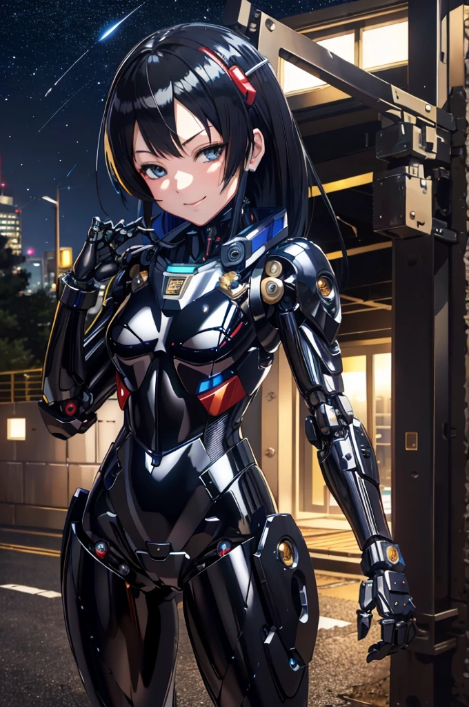 ((masutepiece,Best quality, Detailed)), 1girl in, Solo, Cowboy shot, Outdoors, Night, Cityscape, Starry sky, Detailed eyes,
Oshino Oki, The school runs, Black gloves, Smile, Closed mouth, Inner Color Hair, Semi-closed Eyes,
(Mecha musume, mechanicalparts, robotjoints, Black bodysuit)