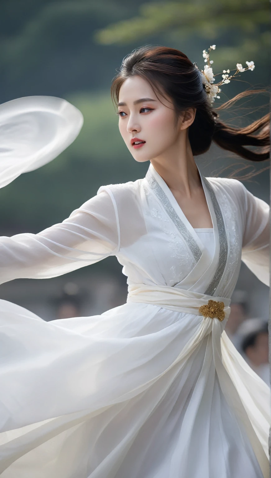 beautiful Korean woman, (((Mikamaria))), (motion blur:1.3), abnormally stunning beautiful face, black and white close-up,woman in intricate pure white hanbok dress, Flying in the air like a Chinese movie ,spinning frantically, translucent tingling air particles on dress hem,in ancient china, professional fashion photography,UHD, 4k, 8k