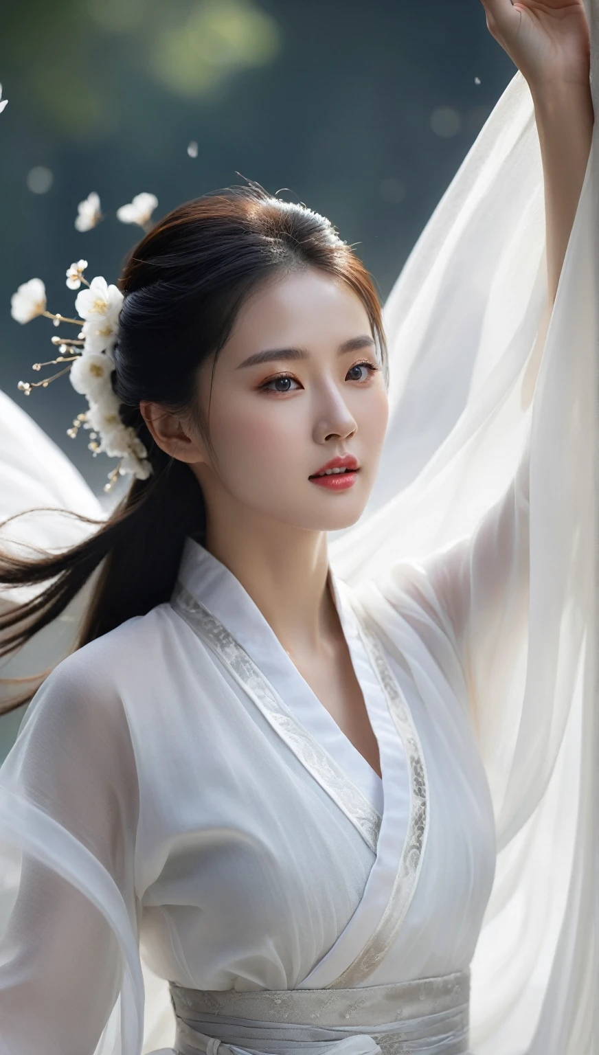 beautiful Korean woman, (((Mikamaria))), (motion blur:1.3), abnormally stunning beautiful face, black and white close-up,woman in intricate pure white hanbok dress, Flying in the air like a Chinese movie ,spinning frantically, translucent tingling air particles on dress hem, in ancient china, professional fashion photography,UHD, 4k, 8k