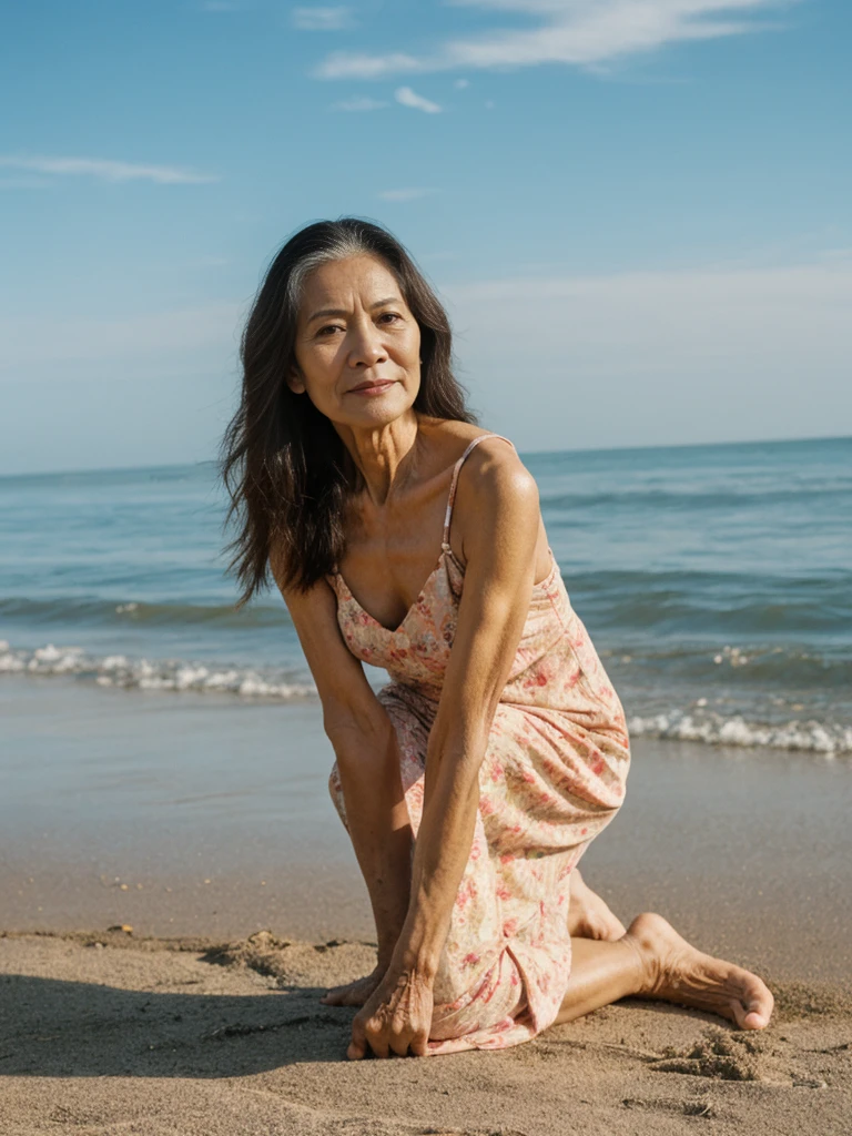 RAW PHOTO, her name is Dolores, high quality, 1 old woman, ((58-year-old slim filipina woman)), (((58 years old))), ((slim body)), ((wrinkled body)), (((old body))), (((long hair))), she is wearing a fashionable stylish Generation X flowy sundress, POSE: kneeling, BREAK, BACKGROUND: outdoor, beach film grain