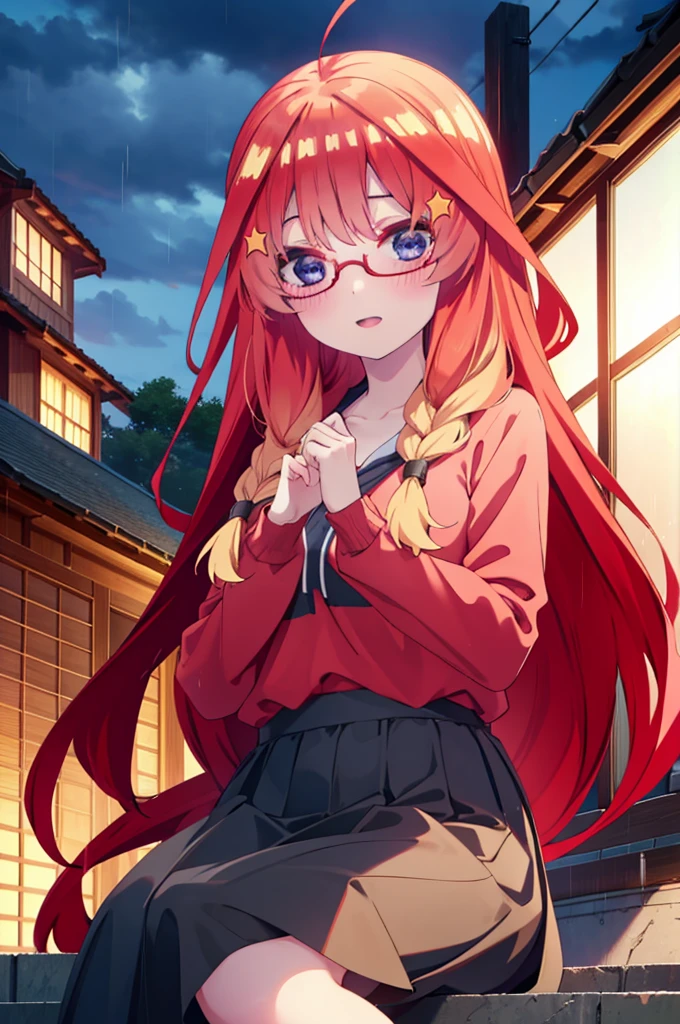 itsukinakano, itsuki nakano, bangs, blue eyes, Hair between the eyes, Ahoge, Redhead, star \(symbol\), hair ornaments, star hair ornaments,smile,blush,Open your mouth,Long braids,Red-rimmed glasses,Oversized red hoodie and long skirt,Black pantyhose,boots,Hiding in a roofed building,Sitting on the steps of a roofed building,rain,night,whole bodyがイラストに入るように,
break indoors, Alley,
break looking at viewer, whole body,
break (masterpiece:1.2), Highest quality, High resolution, unity 8k wallpaper, (figure:0.8), (Beautiful attention to detail:1.6), Highly detailed face, Perfect lighting, Highly detailed CG, (Perfect hands, Perfect Anatomy),