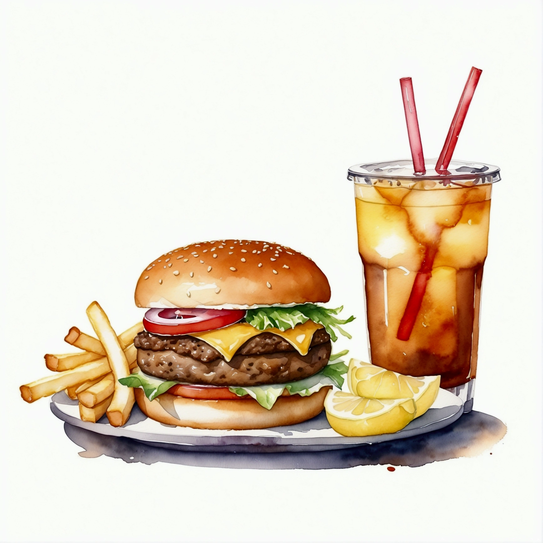 there is big and tall delicious hamburger with cheese, a french fries, and a glass of ice lemon tea, (watercolor), illustration, isolated with solid white background, surrounded with negative space, centered compositon, 8k, highly detailed painting,