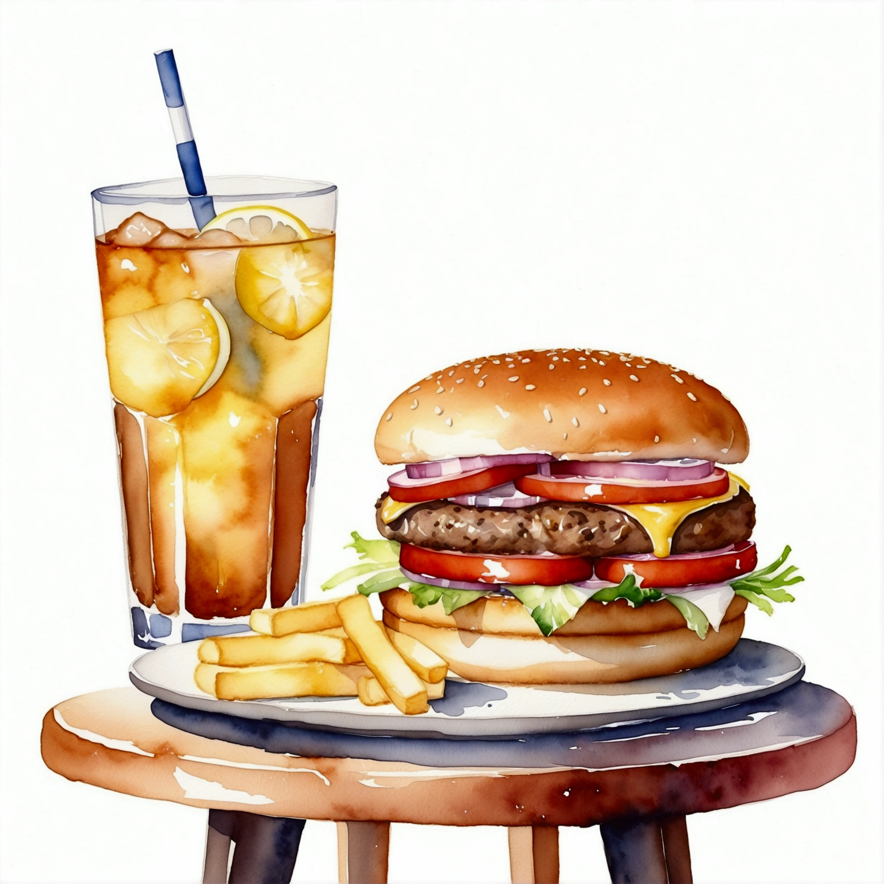 there is big and tall delicious hamburger with cheese, a french fries, and a glass of ice lemon tea, (watercolor), illustration, isolated with solid white background, surrounded with negative space, centered compositon, 8k, highly detailed painting,  