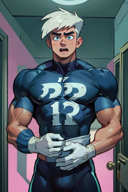 (Masterpiece) (Hyper muscular) (3 boys) Danny Phantom, Dash Baxter, football stadium background, ghost, hypnosis, jock, conversion, locker room hallway, hyper muscles, jockstrap, bro, meathead, hypnotized, brainwashed, brainwashing, big dumb jock, football. Glowing blue eyes. Hyper crotch bulge. Massive bulging crotch. Big balls. Big biceps. Big triceps. Big traps. Broad shoulders. Big meaty pecs. Big thighs. Thick glutes. Hyper muscles. crew cut. Football team assimilation. Well endowed. Clothes turning into Casper High School football uniform. Danny Fenton looks shocked and gradually transitions to a dull vapid expression instead as his eyes glow. Fellow football players lay gloved hands on his shoulder pads. "Gah! What happened to me? I look like a—! Like a ... BIG ... DUMB ... JOCK...." Open mouth. Blank stare. digital painting. Very detailed. Vapid stare. Dumber and dumber. Brain drain. Dash Baxter smirks and says, "That's because that is what you are now, Fenton. You're gonna be just like us. And you're gonna love every minute of it." Danny replies, "Love ... being ... a jock...."