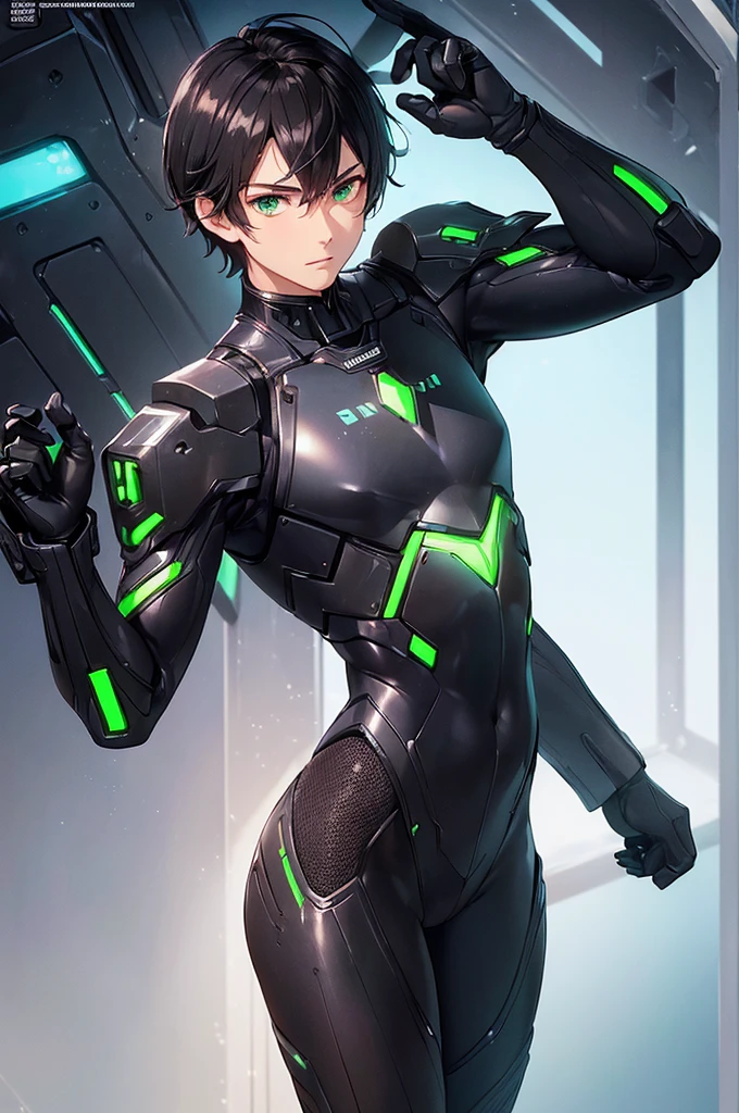 (masterpiece; best quality: 1.2), (finely detailed eyes: 1.3), ((25 year old man)), ((solo)), (green eyes: 1.4), (body; lean, fit, masculine: 1.3), (short black hair: 1.3), (beautiful and clear background: 1.2), ((depth of field)), (equipment: black mech pilot bodysuit + black gloves + futuristic pistol: 1.3), (anime illustration: 1.2), (background composition; white mech hangar: 1.1), (extremely fine and handsome: 1.1), (shot composition; standing + centered on torso + close-up: 1.5), (expression; calm, stoic: 1.2)