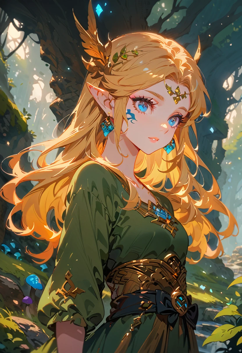 Zelda,A fantasy landscape, a girl with long golden hair, striking blue eyes, detailed facial features, Exquisite makeup,The cutest girl in the world,close_up,(The Legend of Zelda:1.2),wearing a green tunic, holding a sword, walking through a peaceful forest, sunlight filtering through the trees, magical glowing mushrooms, ancient ruins in the background, vibrant colors, cinematic lighting, intricate details, (best quality,4K,8K,highres,masterpiece:1.2),ultra-detailed,fantasy,adventure,concept art