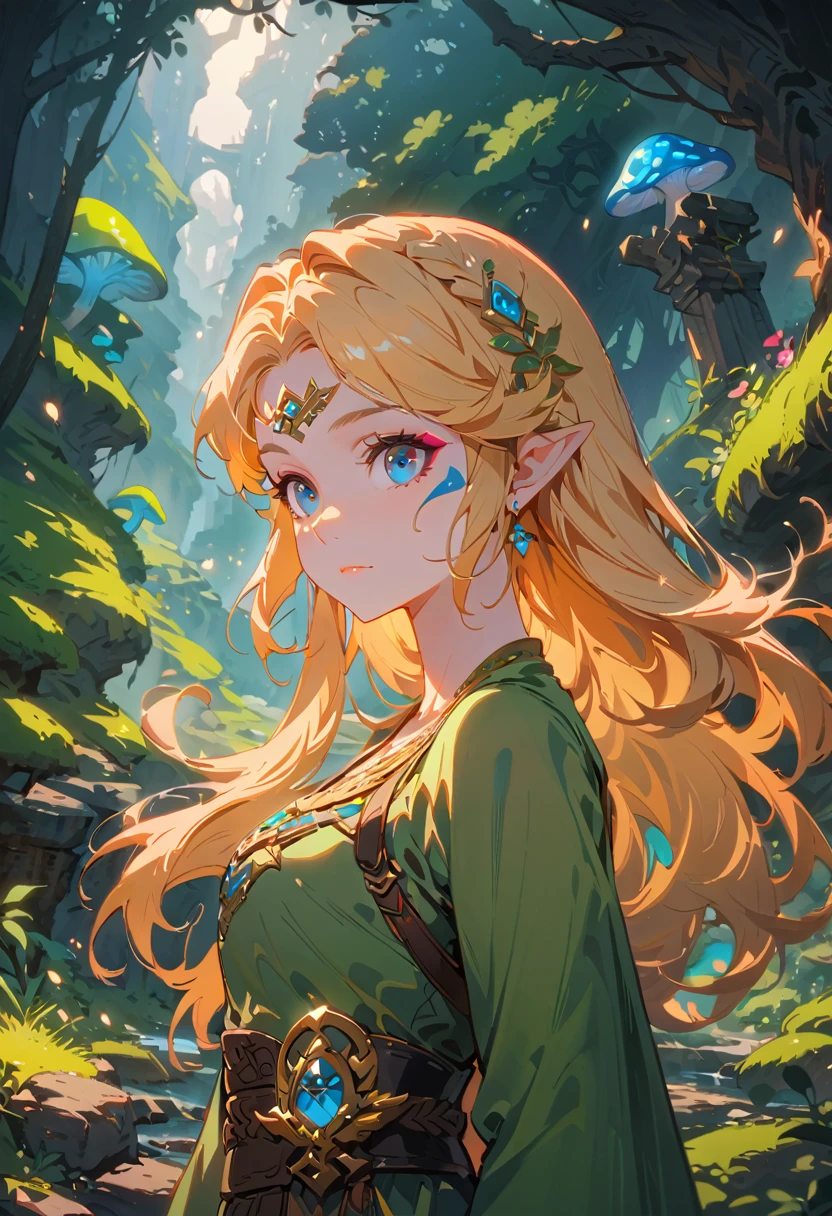 Zelda,A fantasy landscape, a girl with long golden hair, striking blue eyes, detailed facial features, Exquisite makeup,The cutest girl in the world,close_up,(The Legend of Zelda:1.2),wearing a green tunic, holding a sword, walking through a peaceful forest, sunlight filtering through the trees, magical glowing mushrooms, ancient ruins in the background, vibrant colors, cinematic lighting, intricate details, (best quality,4K,8K,highres,masterpiece:1.2),ultra-detailed,fantasy,adventure,concept art