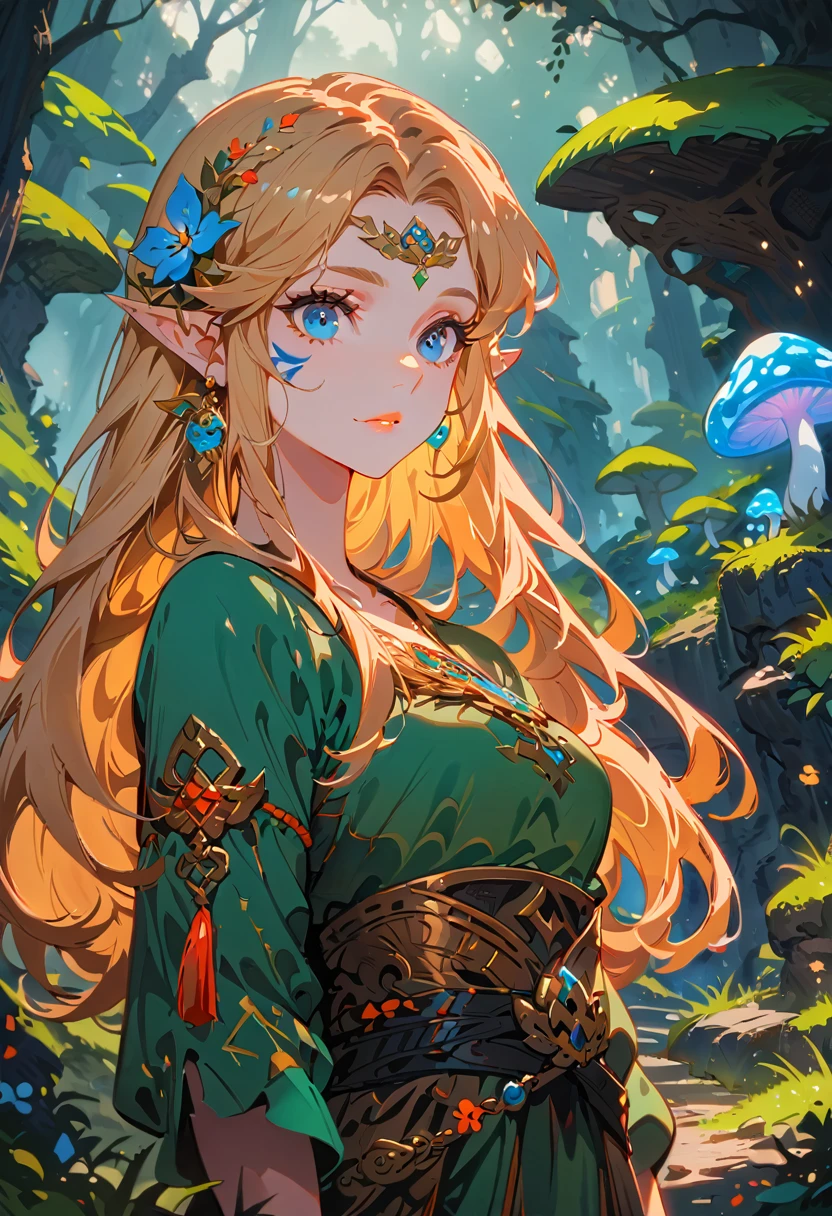 Zelda,A fantasy landscape, a girl with long golden hair, striking blue eyes, detailed facial features, Exquisite makeup,The cutest girl in the world,close_up,(The Legend of Zelda:1.2),wearing a green tunic, holding a sword, walking through a peaceful forest, sunlight filtering through the trees, magical glowing mushrooms, ancient ruins in the background, vibrant colors, cinematic lighting, intricate details, (best quality,4K,8K,highres,masterpiece:1.2),ultra-detailed,fantasy,adventure,concept art