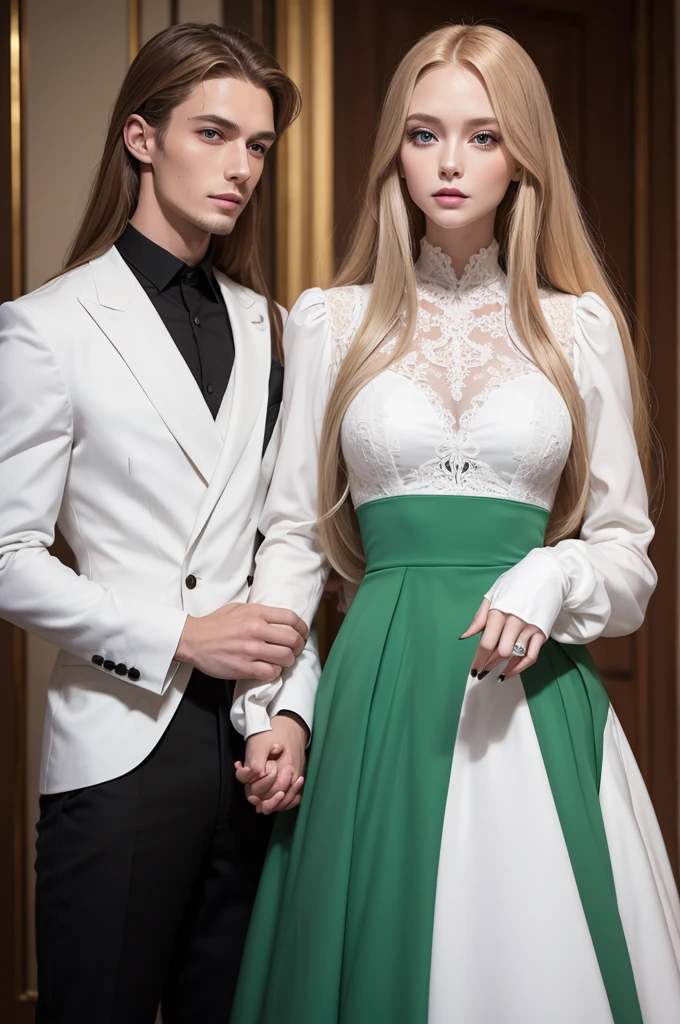 a beautiful woman with a model's sculptural body, white, long blonde hair, sharp face, perfect hands wearing a long-sleeved black dress holding hands with a tall, handsome man, green eyes and brown hair