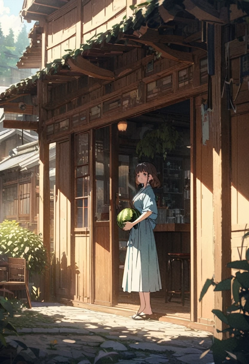 masterpiece,highest quality,ultra-detailed,high-definition background,8K,hi-res,high quality,BREAK, japanese manga style, sketch, Watercolor Colors.ハイクオリティなmasterpiece、landscape、anime、Japanese Town、traditional town、明るい星null。BREAK ロマンチックな古い町並み, null, pixiv, Concept Art, Lofi Art Style, reflection. by Makoto Shinkai, lofi art, Beautiful anime scene, BREAK animeのlandscape, 詳細なlandscape - width 672, in style of Makoto shinkai, style of Makoto shinkai, enhanced details, BREAK,Detailed,Realistic,4k highly detailed digital art,octane render、 Bioluminescence,BREAK 8K解像度Concept Art,realism,by Mappa Studios,masterpiece,最high quality,Official Art,An illustration,ligne claire,(cool_Farbe), Perfect composition,Absurd,Fantasy,concentrated,Rule of thirds,High detail,animeーション,animeーションのスタイル、 Shine, Film lighting, god々Shining rays, Shine光, reflection光, Get closer, Lens flare, masterpiece, High Detail, 最high quality, Ultra detail, high quality, animeーション背景, animeーション壁紙, sunny, 明るい青null, Dramatic lighting, 植wood鉢, plant, wood, Grass, Cobblestone Street, hometown, hometownの町, Summer vacation, memory, 夏のmemory, homecoming、countryside、CountrysiHometown,Children playing、Festivals、Children playing、((Veranda、watermelon、watermelonを食べる:1))