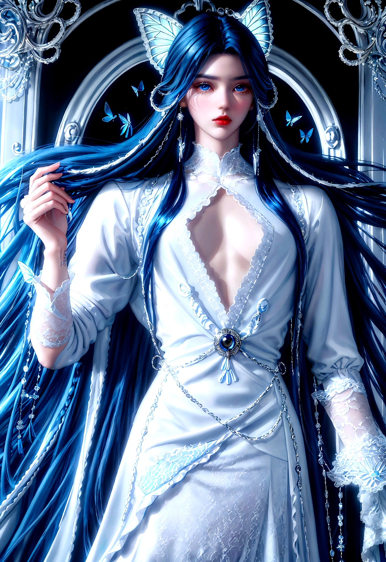 (masculine) (man) (man de Navy blue hair muy largo) (long hair de color azul marino ) (long hair) (Navy blue hair) (blue eyes) (monoculo) (silver monocle) (elegant white clothes with lace) (silver lace) (porcelain, piel de porcelain) (marked doll joints) (butterflies alrededor) (butterflies) (detalles silver) (silver) (doll pose)