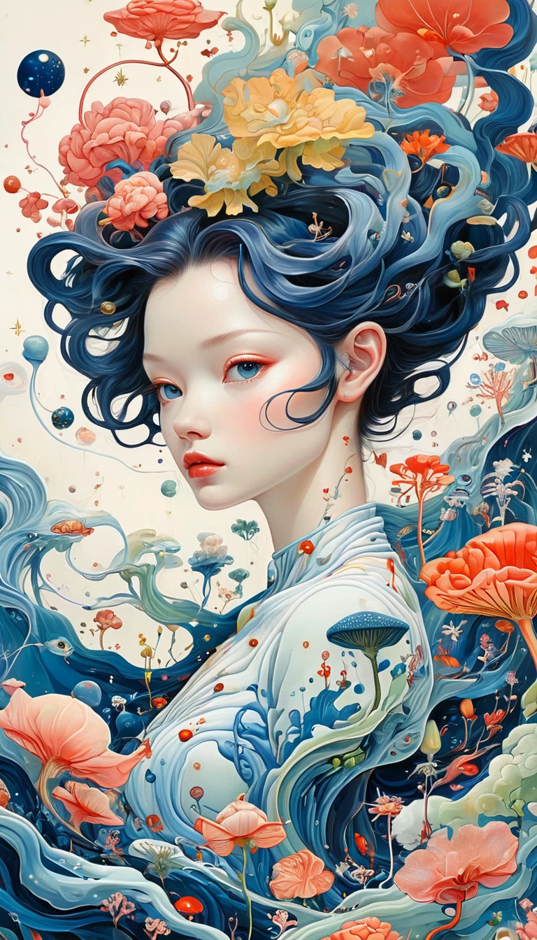 (((James Jean styles：1.5)))，microorganism、plant、Marine life、Exquisite eyes、Starry Sky，Stitching together an abstract painting，Describing the inner world of autistic people，3D spatial sense，White Space，interesting，Innocence，Psychedelic Art，Strong contrast between light and dark