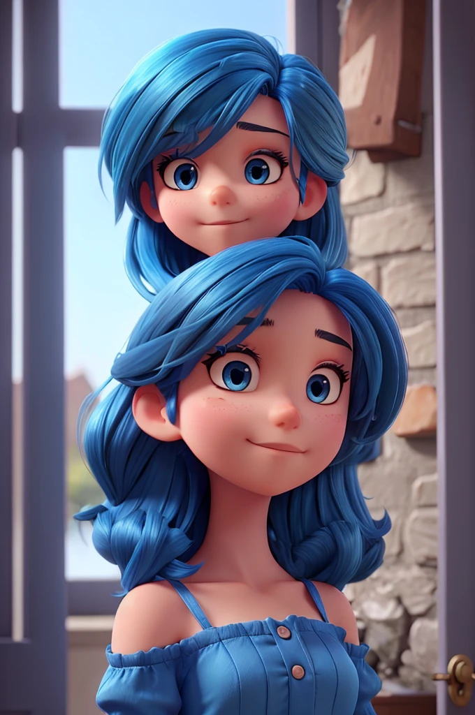 shoulder-length blue hair and dark eyes