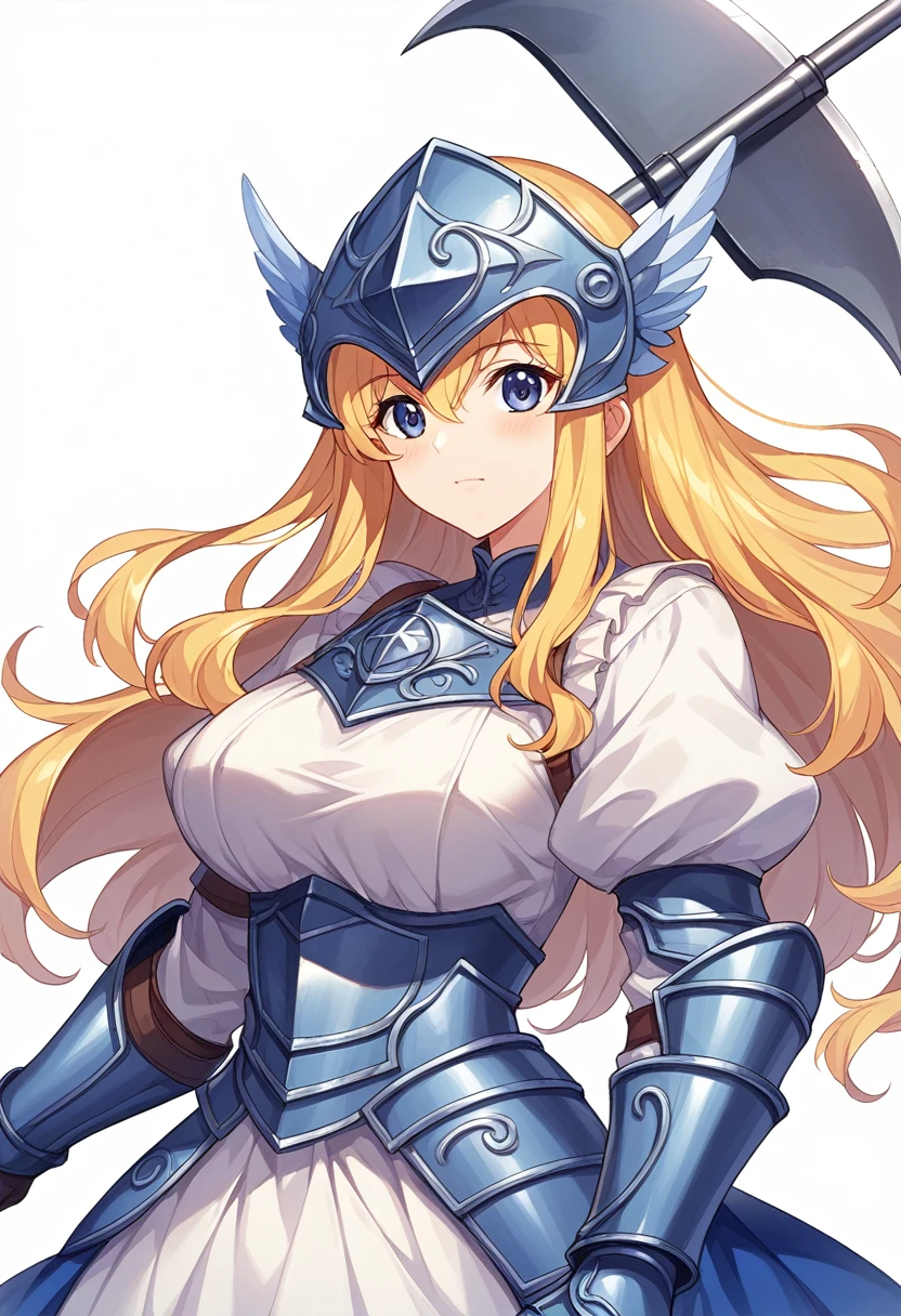 Highest quality, high resolution, High quality game art style, whole body,Valkyrie,Official Art, Smooth game CG art,Cute 3D anime girl render, Visual Novel Sprites, White background,Smooth game CG art, A woman wearing a white dress and blue armor, An intricately designed helmet with white feathers,Small shield, Woman with a gun,(((In his right hand he holds an elaborate halberd))),Exquisite Blue Armor,Golden Hair, long hair, female knight, Rin々Shii,Large Bust,17 years old,
