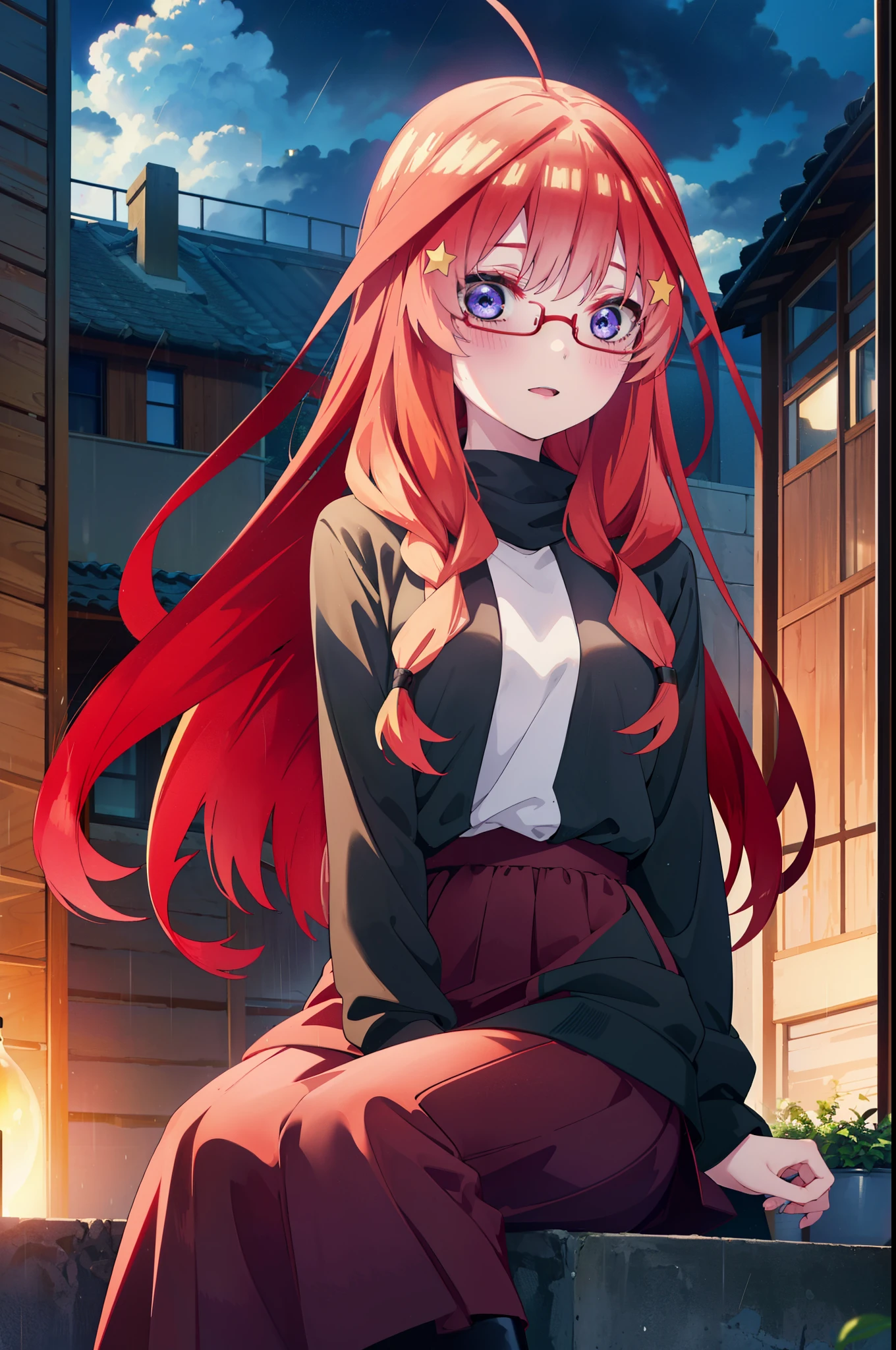 itsukinakano, itsuki nakano, bangs, blue eyes, Hair between the eyes, Ahoge, Redhead, star \(symbol\), hair ornaments, star hair ornaments,smile,blush,Open your mouth,Long braids,Red-rimmed glasses,Oversized red hoodie and long skirt,Black pantyhose,boots,Hiding in a roofed building,Sitting on the steps of a roofed building,rain,night,whole bodyがイラストに入るように,
break indoors, Alley,
break looking at viewer, whole body,
break (masterpiece:1.2), Highest quality, High resolution, unity 8k wallpaper, (figure:0.8), (Beautiful attention to detail:1.6), Highly detailed face, Perfect lighting, Highly detailed CG, (Perfect hands, Perfect Anatomy),