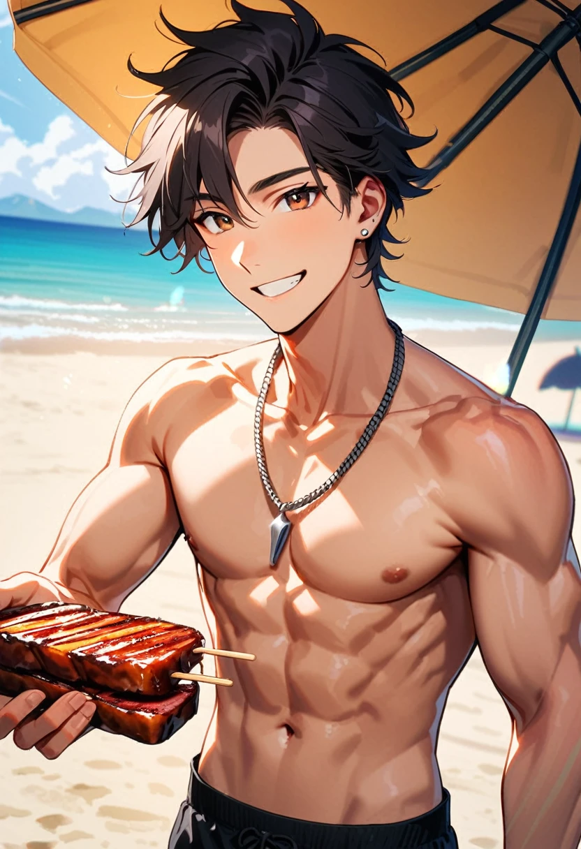 A young man, 22-years-old, solo, Caucasian, masculine face, muscular physique, shaggy tousled black hair, brown eyes, cheerful smile, mouth open, no shirt, shirtless, black swimming trunks, thin silver necklace, small silver earrings, beach, holding a skewer with grilled meat on it