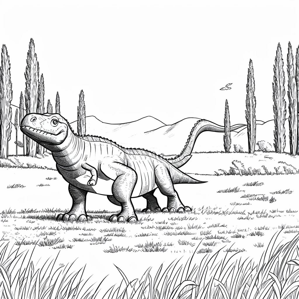 Drawling, simple drawling,dinosour,animated,white,no color,on a field,cartoon,for kids
