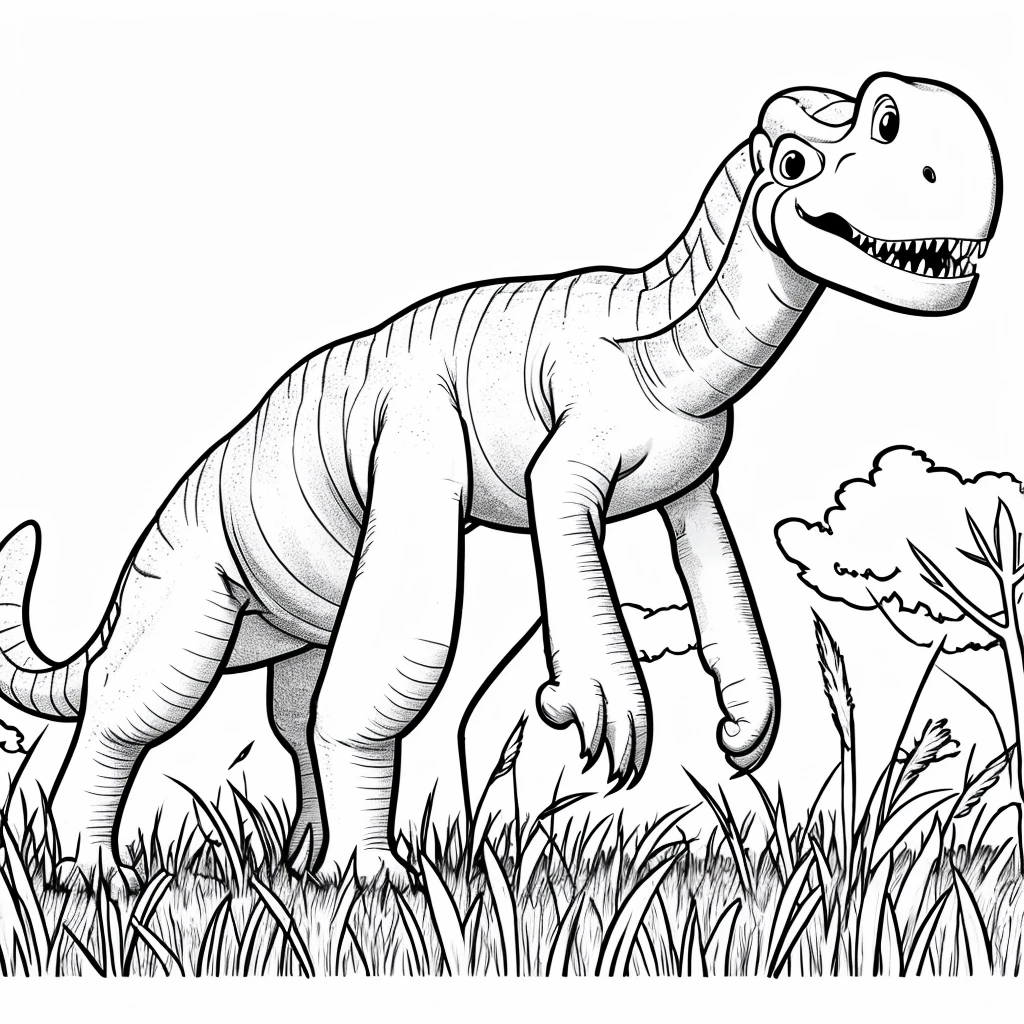 Drawling, simple drawling,dinosour,animated,white,no color,on a field,cartoon,for kids