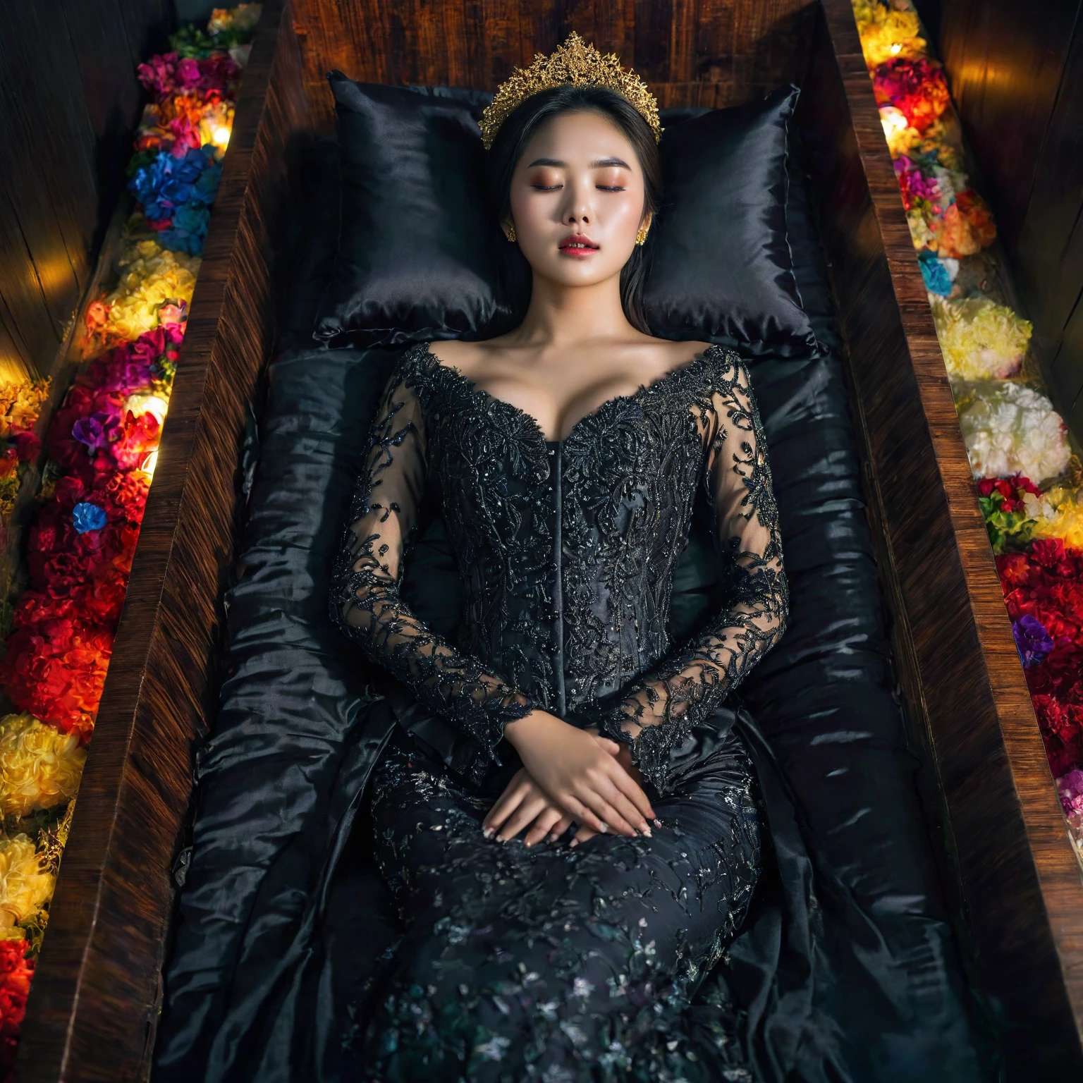 In a striking 8K HDR scene, a stunning Korean woman, 22 years old, lies peacefully in a black coffin surrounded by plush pillows. The deep box is set against a rich black background, accentuating the beauty of the subject. Her exquisite kebaya attire is embroidered with superb detail, showcasing her round and firm breasts, perfect cleavage, and beautiful eyebrows. Her closed eyes and mouth give an air of serenity, while her visible and absolute cleavage leave nothing to imagination. The scene is bathed in saturated colors, highlighting every intricate aspect from the ball skirt to her clean face.