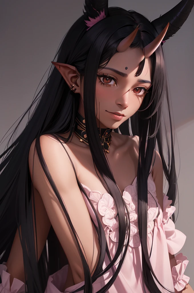 ((Best quality, masterpiece, 4k, best anatomy)), cute girl, (violet hair), ((very long curly hair)), perfect face, (yellow eyes), ((naked)), ((flat breasts)), ((21 years old)), skindentation, extreme detail, attractive angular face, red lips, pink nipples, glossy skin, detailed hair, face focus, close-up chest, ornamental gold necklace, gold earrings, ((1 girl)), embarrassed expression, elf ears, innocent smile, ((slender)),