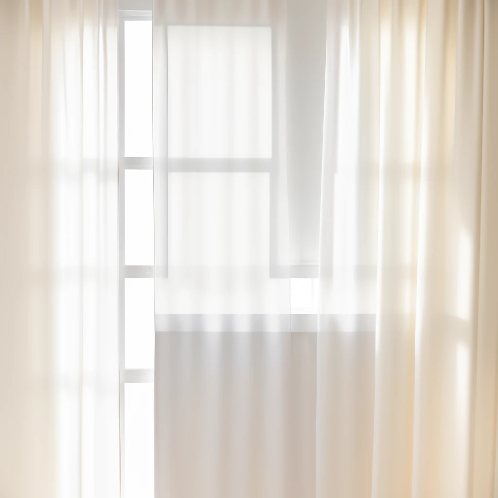 There is a white wall，There is a plant and a window on it, Background made of large curtains, Soft and natural volumetric lighting, Fully present light and shadow