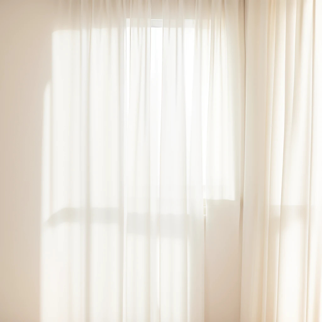 There is a white wall,There is a plant and a window on it, Background made of large curtains, Soft and natural volumetric lighting, Fully present light and shadow