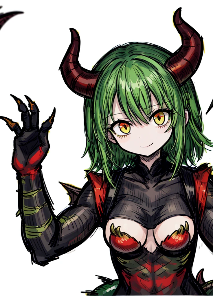 1girl ,yellow-green hair, red eyes,lady,  dragon, dragon tail, full of scales, horns, claws, dragon wings , (masterpiece, best quality),  muscular, sexy, happy, smile 