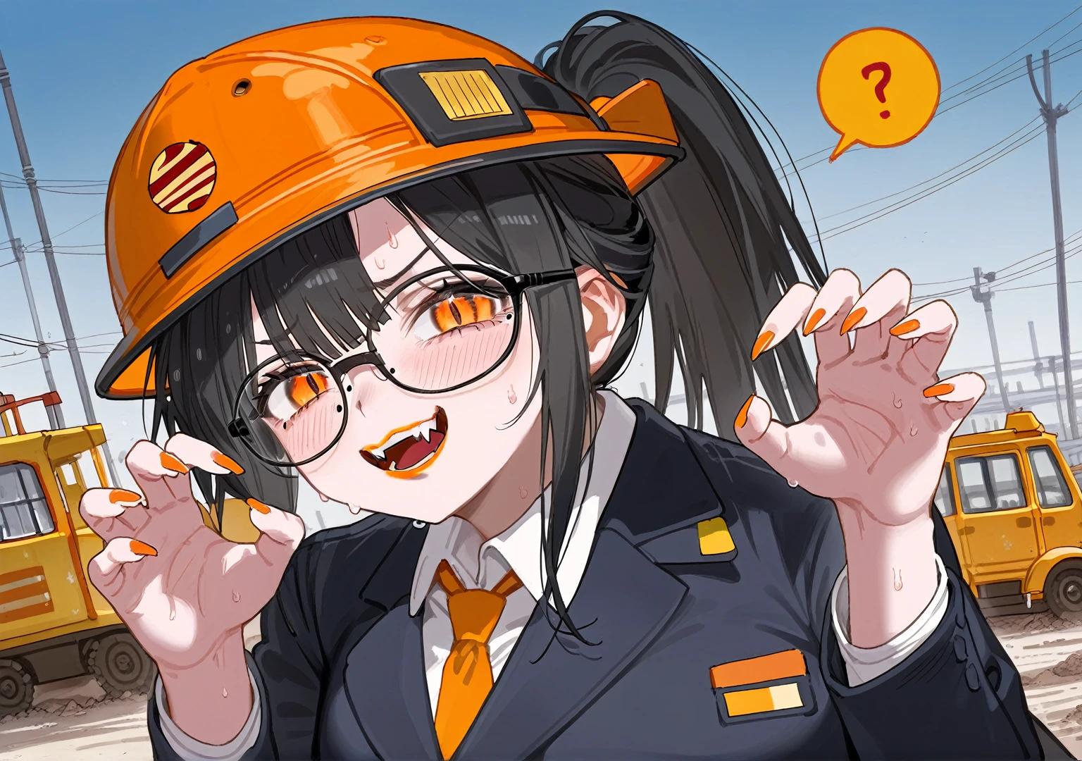 masterpiece, best quality, score_9,1older woman,orange lipstick,secretary outfit,siren glasses,mole,ponytail,orange and black hair,black hair,orange streaks,fangs,1woman,high quality,detailed,construction hat,worried face,worried smirk,sweat,sorry pose,prayer hands,sorry,(no mistakes)
