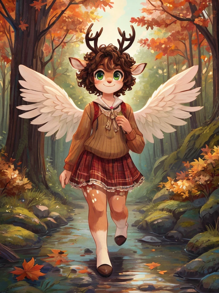 Cute, deer boy, small deer antlers, innocent, chubby, big thighs, androgynous, femboy, short curly hair, brown hair, fawn spots, freakles, ((cute)), smiling, walking in a Forrest, wearing cottage core outfit, cottage core outfit, , cute clothes, modest clothes, modern clothes, adorable, pastel color scheme, light blue pink green yellow white and brown color scheme, young, cartoony, adorable, deer tail, moss green eyes, angel wings, walking in the woods, woodland creatures, creek, woods, fallen log, (((solo))), moss, bugs, autumn outfit, autumn vibes, autumn aesthetic, cute,