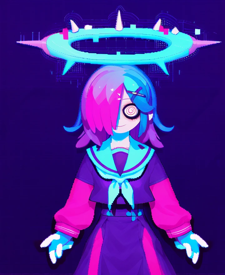score_9, score_8_up, score_7_up, score_6_up, score_5_up,score_4_up,Pixel art,{glitch art},1girl,solo,:3,{{mesugaki}},[naughty face],medium hair,halo,[x hair ornament],[[hollow eyes]],dark blue eyes,dark blue hair,{hair over one eye},[perfect oval iris],long sleeves,long sailor collar,mosaic,[The background features a Weird Core style], 