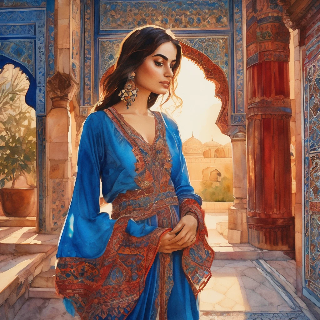 landscape captivating cinematic watercolor painting a persian girl dressed in blue silk, holding a bunch of red spice in her hands, looking to the camera, intrincated masterpiece, vivid colors, warm lighting, detailed persian architecture, intricate patterns, ornate fabrics, atmospheric haze, golden hour,